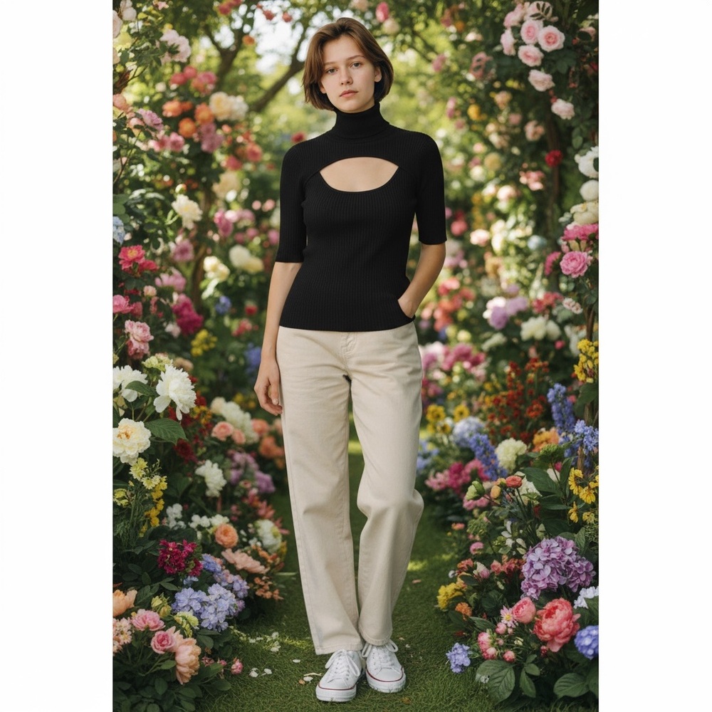 Zara Black Ribbed Mock Neck Top, Size S, NWT